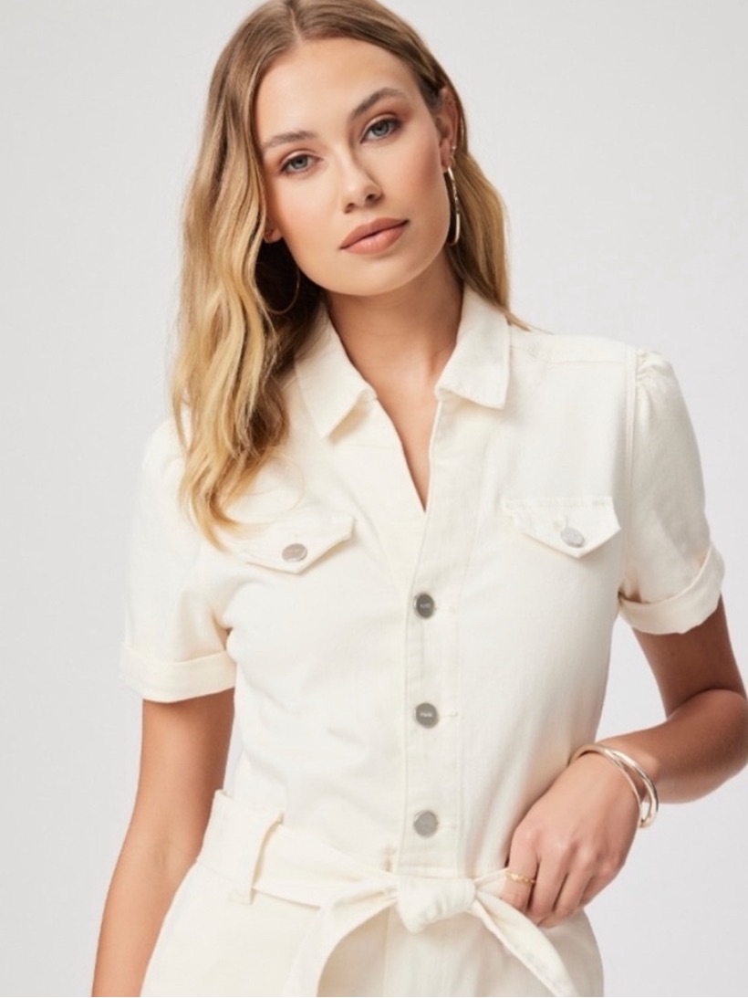 Paige Anessa Puff Sleeve Wide Leg Denim Jumpsuit Ivory White Preppy Coastal